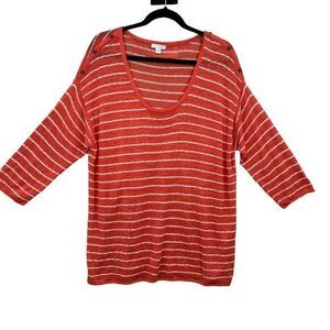 J Jill Top Womens L Orange Linen Blend Button Shoulder Open Knit Coastal Grandma